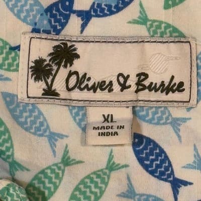 Oliver & Burke Mens XL Short Sleeve Button Down Shirt Blue Green Fish Print - Thumbnail 2
