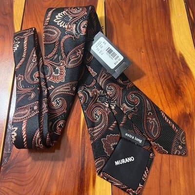 NWT Murano Mens Extra Long Silk Tie Paisley Black Orange Copper Handmade USA - Thumbnail 2