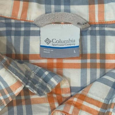 Columbia Mens Large Short Sleeve Plaid Button Down Shirt Orange Blue White - Thumbnail 2