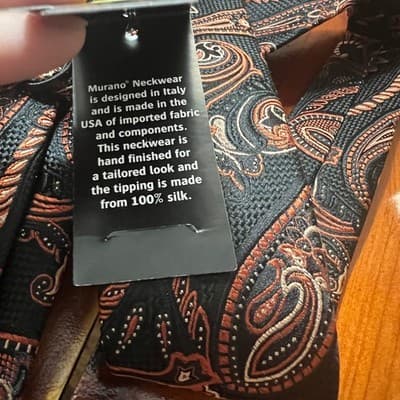 NWT Murano Mens Extra Long Silk Tie Paisley Black Orange Copper Handmade USA - Thumbnail 7
