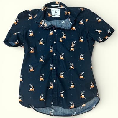 Denim & Flower Mens Medium Slim Fit Navy Deer Print Short Sleeve Button Down