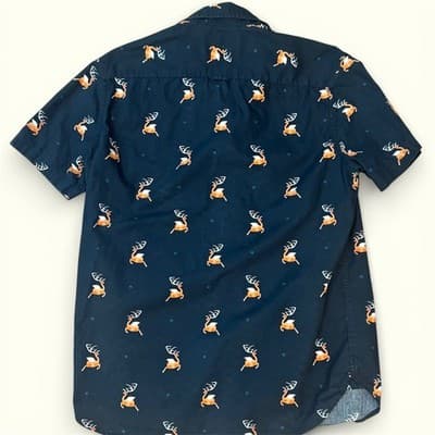 Denim & Flower Mens Medium Slim Fit Navy Deer Print Short Sleeve Button Down - Thumbnail 3