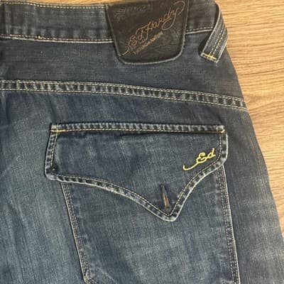 Ed Hardy Men’s Flap Pocket Jeans Blue Denim 38x32 Missing Back Pocket Buttons - Thumbnail 5