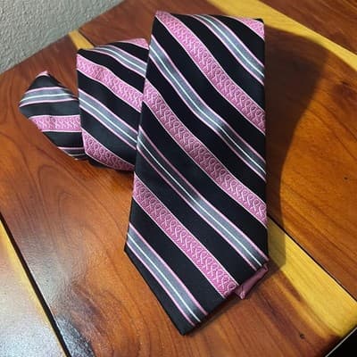 Real Men Wear Pink by Diane Katzman 100% Silk Tie Black Striped Breast Cancer
