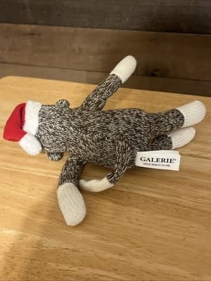Galerie Christmas Sock Monkey Plush Doll Stuffed Animal w/ Santa Hat - Thumbnail 2