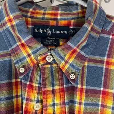 Ralph Lauren Blake Men Plaid Button Down Shirt Blue Orange Long Sleeve Cotton XL - Thumbnail 2