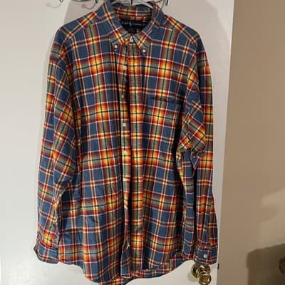 Ralph Lauren Blake Men Plaid Button Down Shirt Blue Orange Long Sleeve Cotton XL