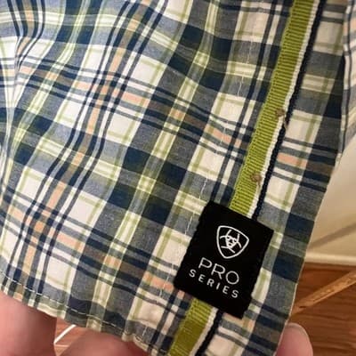 Ariat Pro Series Short Sleeve Button Down Shirt Plaid Green Navy White Mens XL - Thumbnail 3