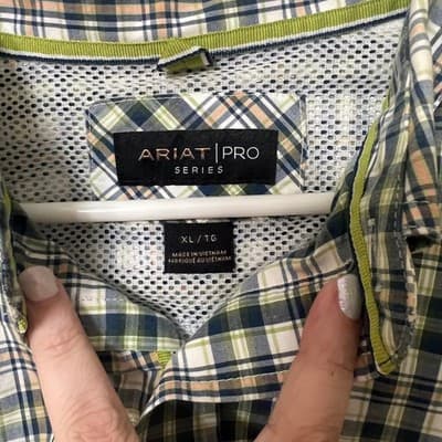 Ariat Pro Series Short Sleeve Button Down Shirt Plaid Green Navy White Mens XL - Thumbnail 4