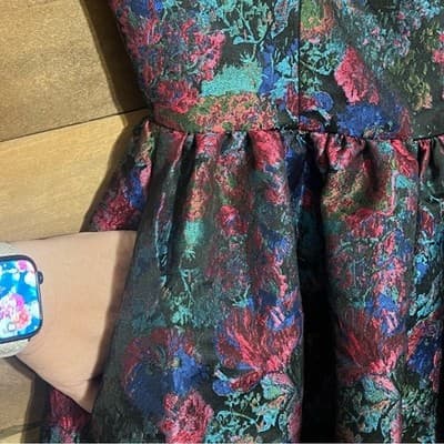 ELLIATT Dark Floral Metallic Brocade Bubble Hem Mini Dress Pockets Sz Medium - Thumbnail 2