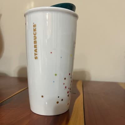 Starbucks 2015 Best Day Ever Confetti Ceramic Travel Tumbler Mug Teal Lid 10oz - Thumbnail 2