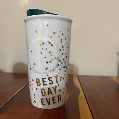 Starbucks 2015 Best Day Ever Confetti Ceramic Travel Tumbler Mug Teal Lid 10oz