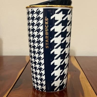 Starbucks 2015 Navy Blue Houndstooth Ceramic Travel Tumbler Mug Gold Trim 12oz - Thumbnail 2