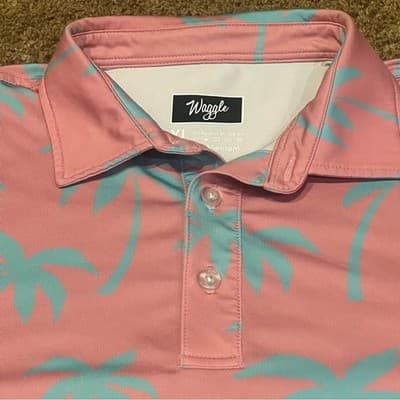 Waggle Golf Polo Shirt Pink Blue Palm Tree Short Sleeve Performance Men's Sz XL - Thumbnail 2