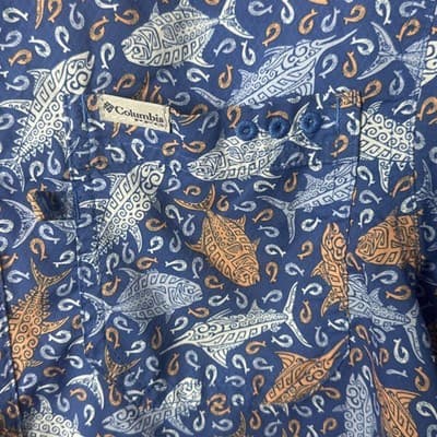 Columbia PFG Men's XS Short Sleeve Fishing Shirt Blue Orange Tribal Fish Print - Thumbnail 3