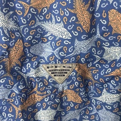 Columbia PFG Men's XS Short Sleeve Fishing Shirt Blue Orange Tribal Fish Print - Thumbnail 6
