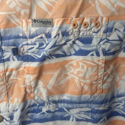 Columbia PFG Men's XS Short Sleeve Fishing Shirt Blue Orange Tropical Leaf Print - Thumbnail 2