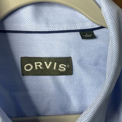 Orvis Men's L Blue Herringbone Button Down Long Sleeve Shirt Wrinkle Free Cotton - Thumbnail 2