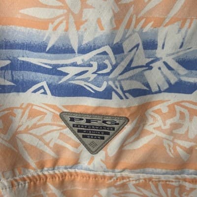 Columbia PFG Men's XS Short Sleeve Fishing Shirt Blue Orange Tropical Leaf Print - Thumbnail 6