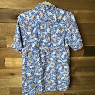 Columbia PFG Men's XS Short Sleeve Fishing Shirt Blue Orange Tribal Fish Print - Thumbnail 5