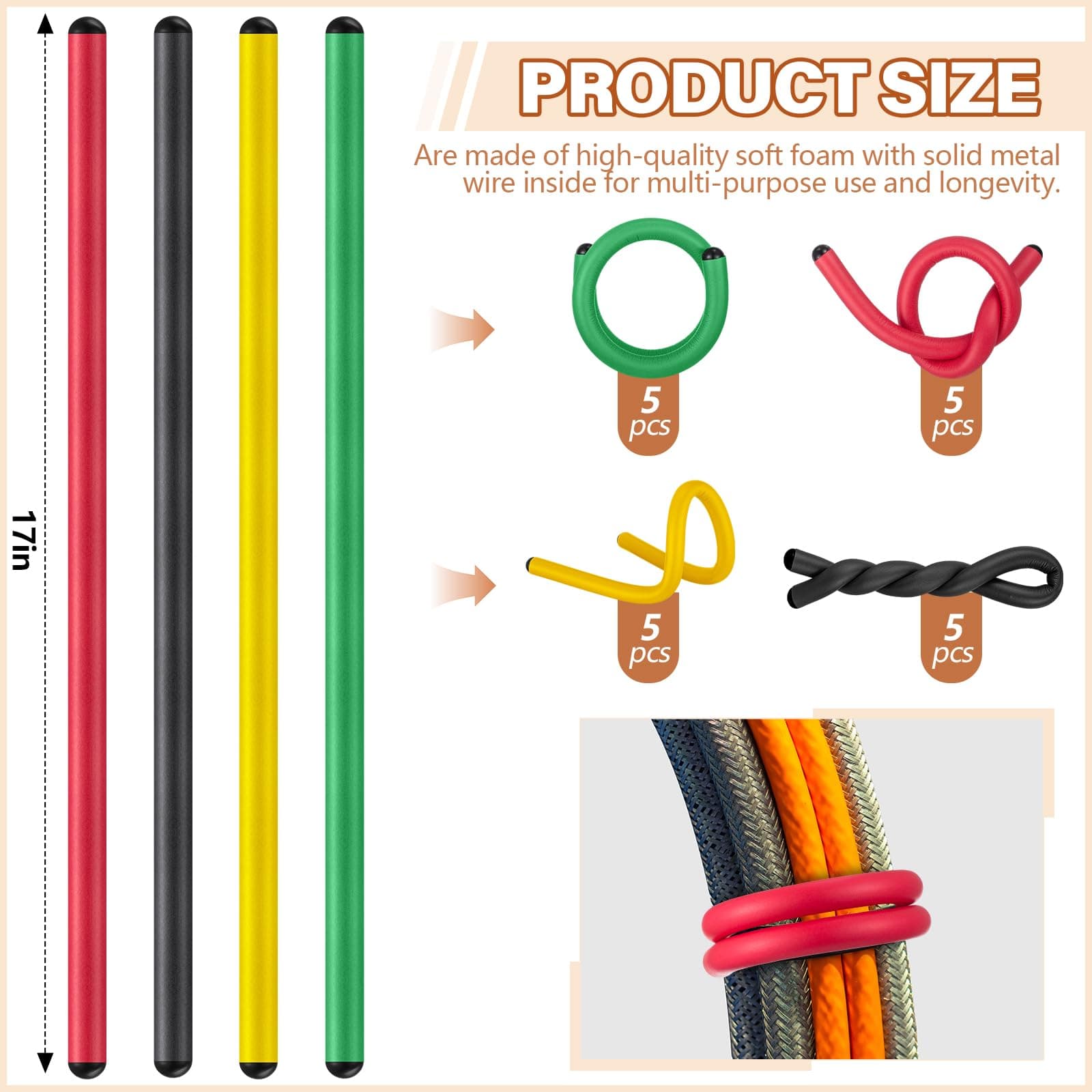 Ninehaoou 20 Pcs 17 Inch Eva Foam Twist Rubber Ties Reusable Bendable Cable Tie - Thumbnail 2