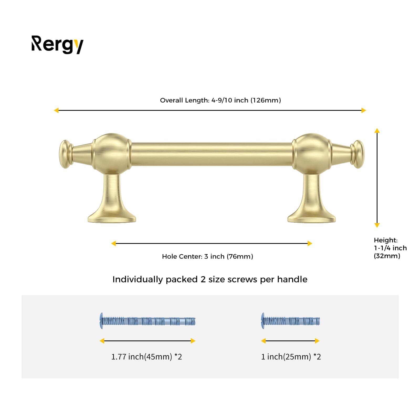 Rergy 10 Pack Gold Cabinet Pulls 3 Inch Hole Center Brushed Brass Handles - Thumbnail 2