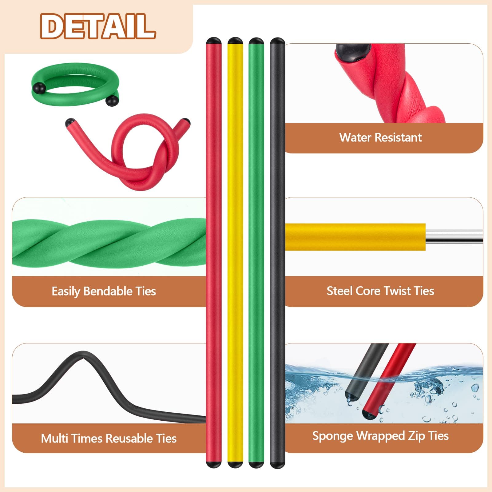 Ninehaoou 20 Pcs 17 Inch Eva Foam Twist Rubber Ties Reusable Bendable Cable Tie - Thumbnail 3