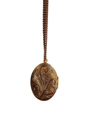 Antique Gold Tone Oval Locket Necklace Vintage Floral Etched Long Chain - Thumbnail 2
