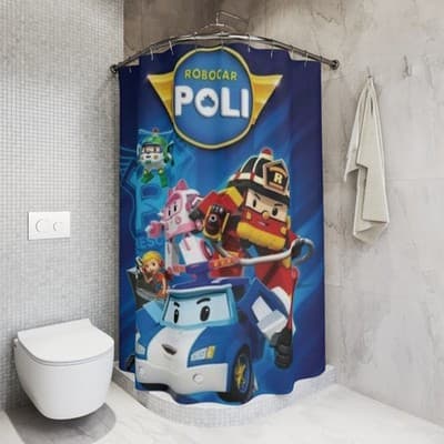 Robocar Poli Shower Curtain, Kids theme Bathroom Curtain - Thumbnail 3