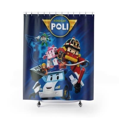 Robocar Poli Shower Curtain, Kids theme Bathroom Curtain - Thumbnail 4