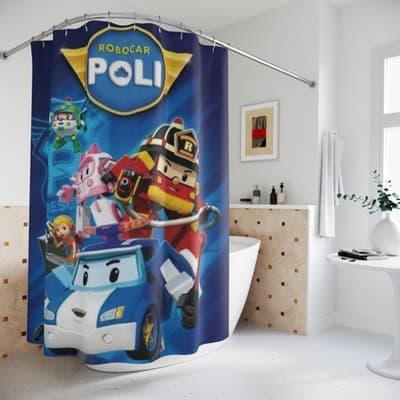 Robocar Poli Shower Curtain, Kids theme Bathroom Curtain - Thumbnail 2
