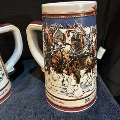 2 Vintage 1989 Budweiser Holiday Beer Stein Mug Clydesdale Collectors Series - Thumbnail 3