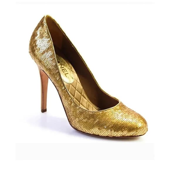 CHANEL Quilted Sequin‎ Satin round toe gold celebrity heels size 6.5 - Thumbnail 17