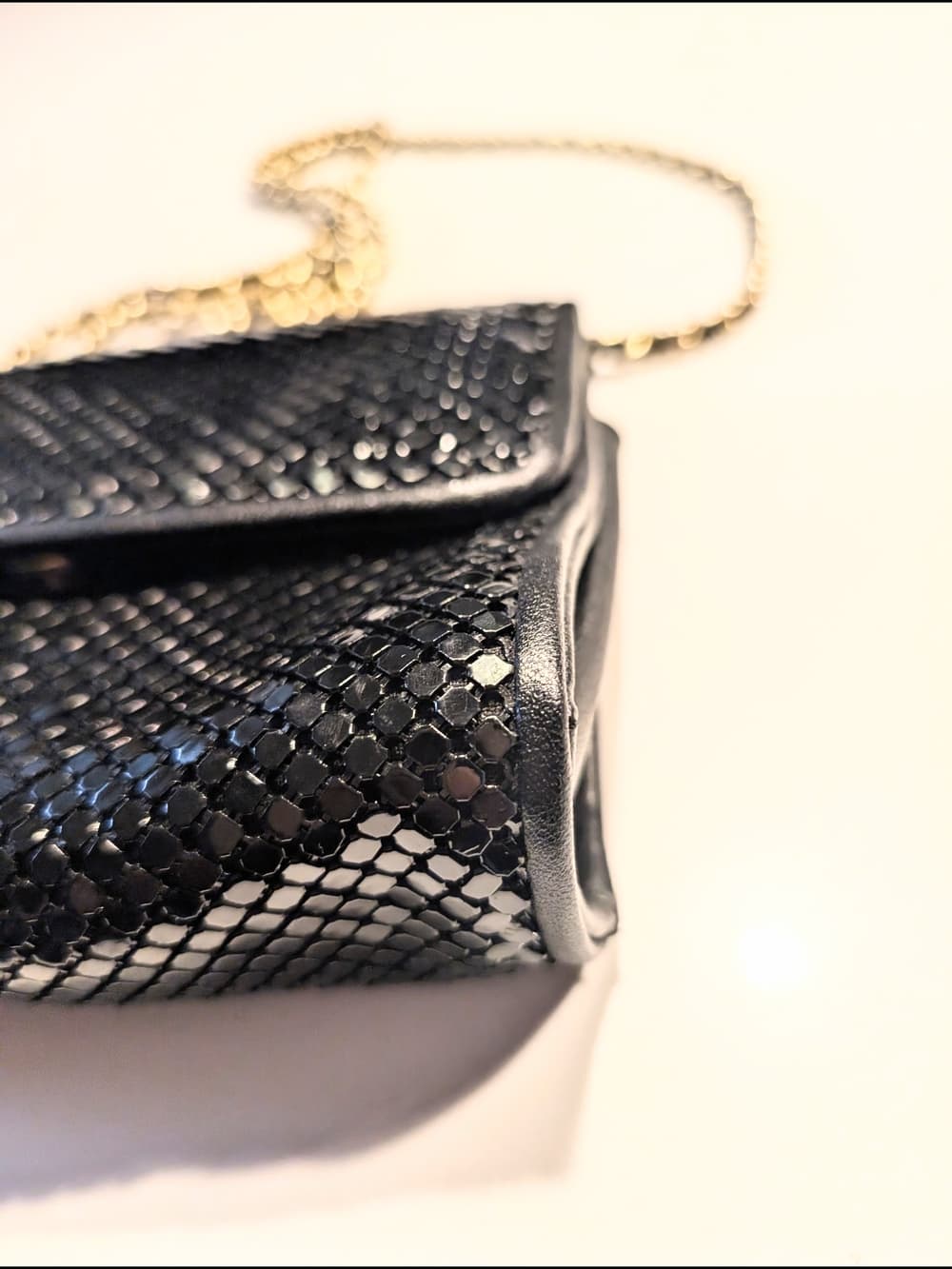 Whiting & Davis Black Sequined Crossbody with Gold Chain