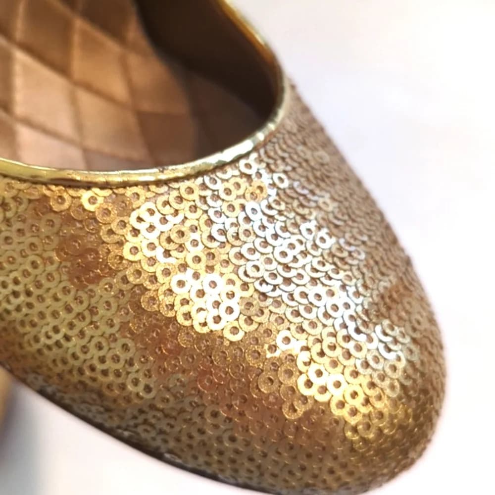 CHANEL Quilted Sequin‎ Satin round toe gold celebrity heels size 6.5 - Thumbnail 7