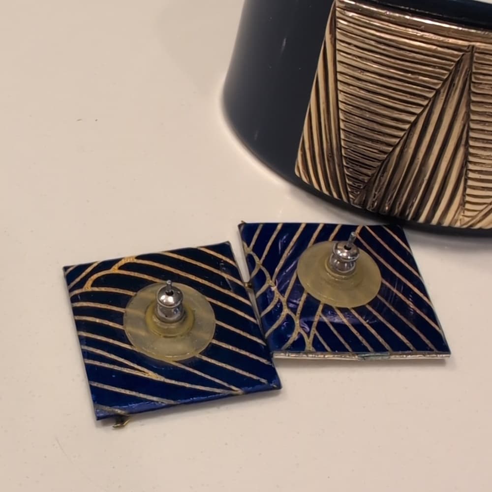 Vintage Navy Cuff Bracelet Gold Triangle Art Deco Earrings - Thumbnail 3
