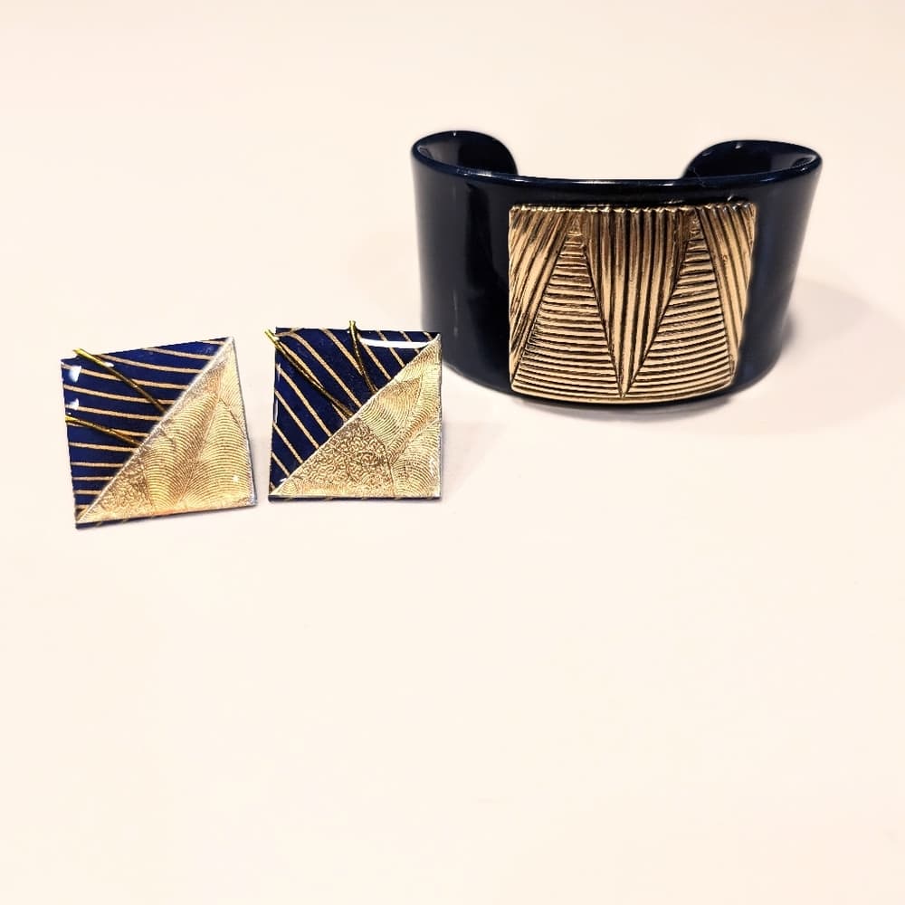 Vintage Navy Cuff Bracelet Gold Triangle Art Deco Earrings - Thumbnail 5