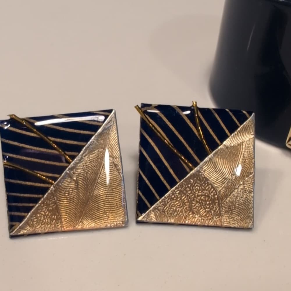 Vintage Navy Cuff Bracelet Gold Triangle Art Deco Earrings