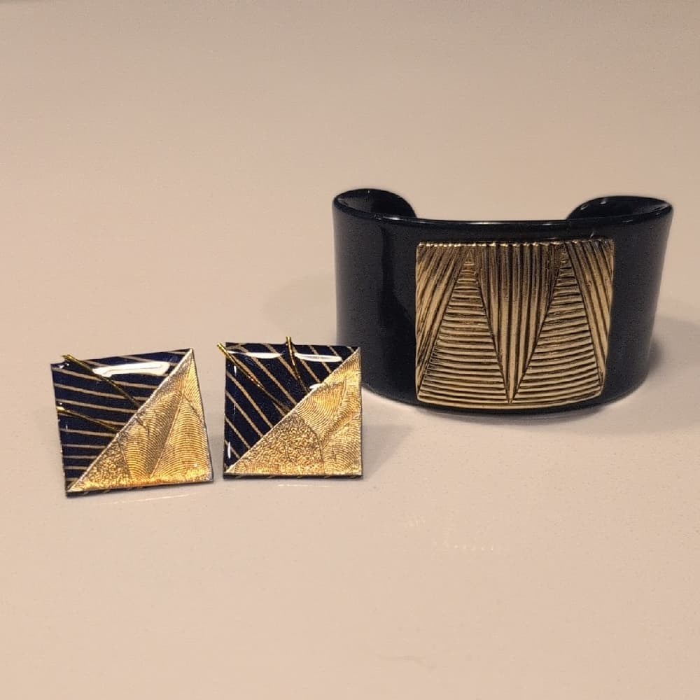 Vintage Navy Cuff Bracelet Gold Triangle Art Deco Earrings - Thumbnail 4
