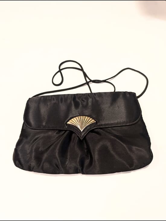 Vintage Black Satin Evening Clutch with Gold Accent - Thumbnail 9