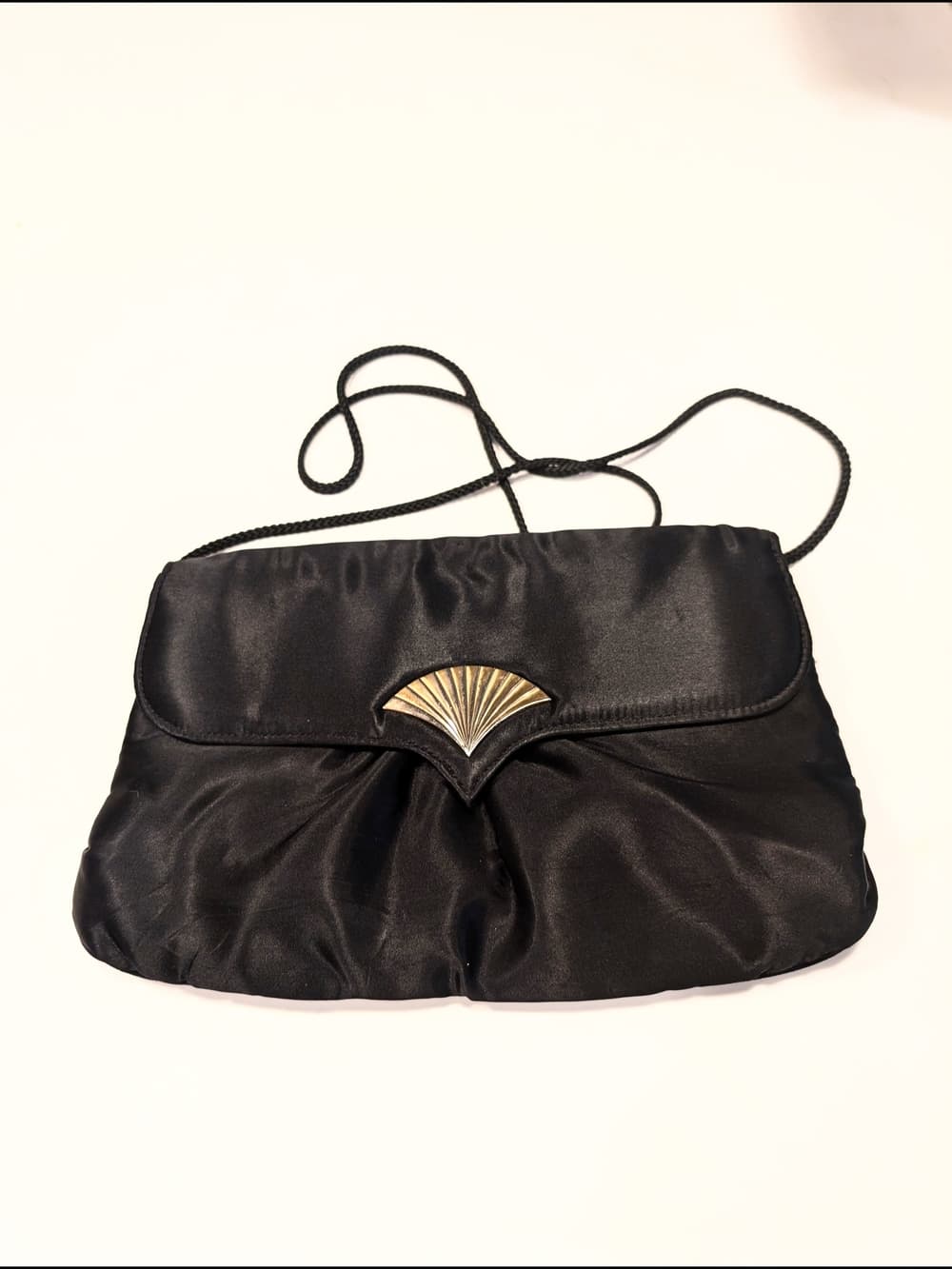 Vintage Black Satin Evening Clutch with Gold Accent - Thumbnail 8