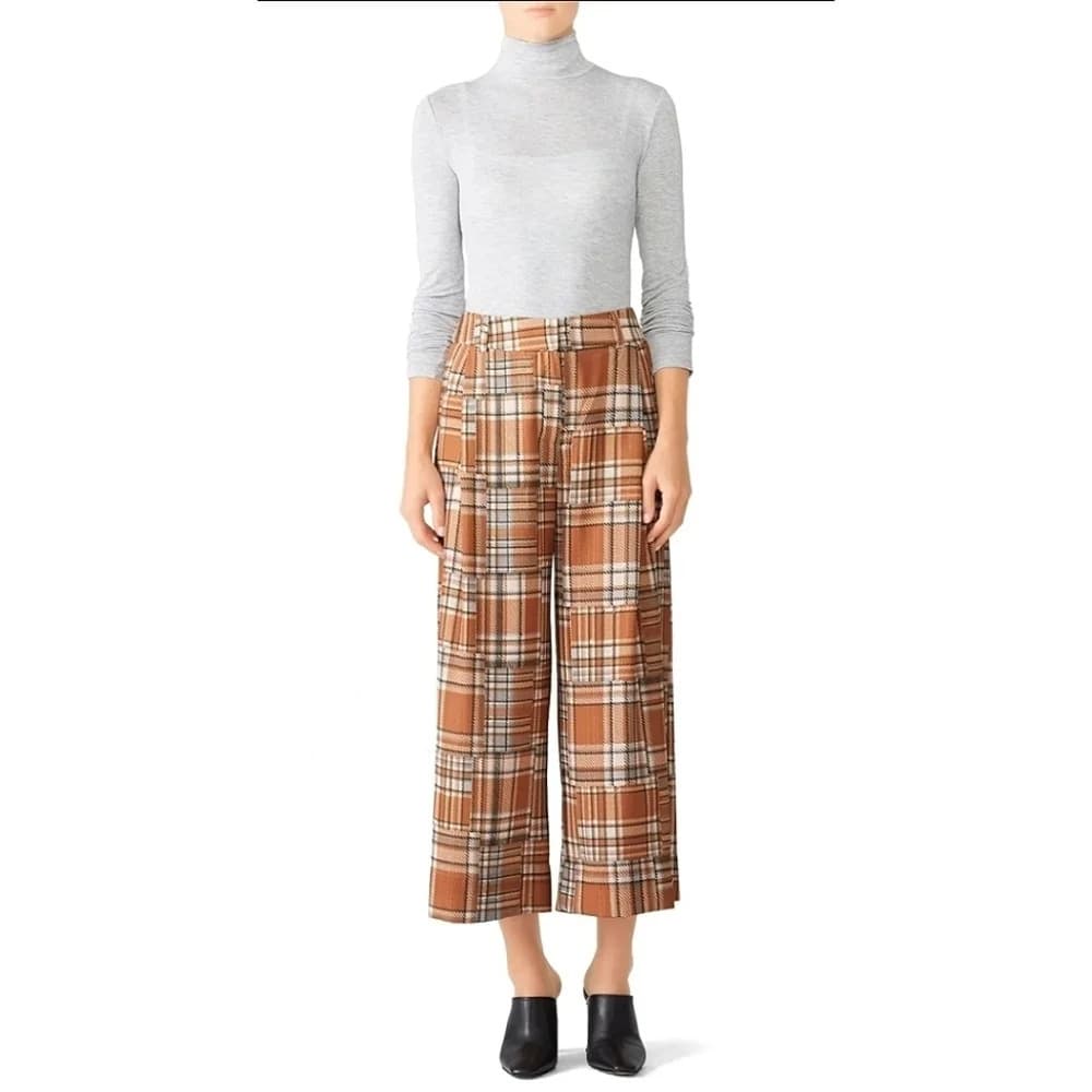 PatBO patchwork plaid wide straight leg English pants fall winter size 0 - Thumbnail 7