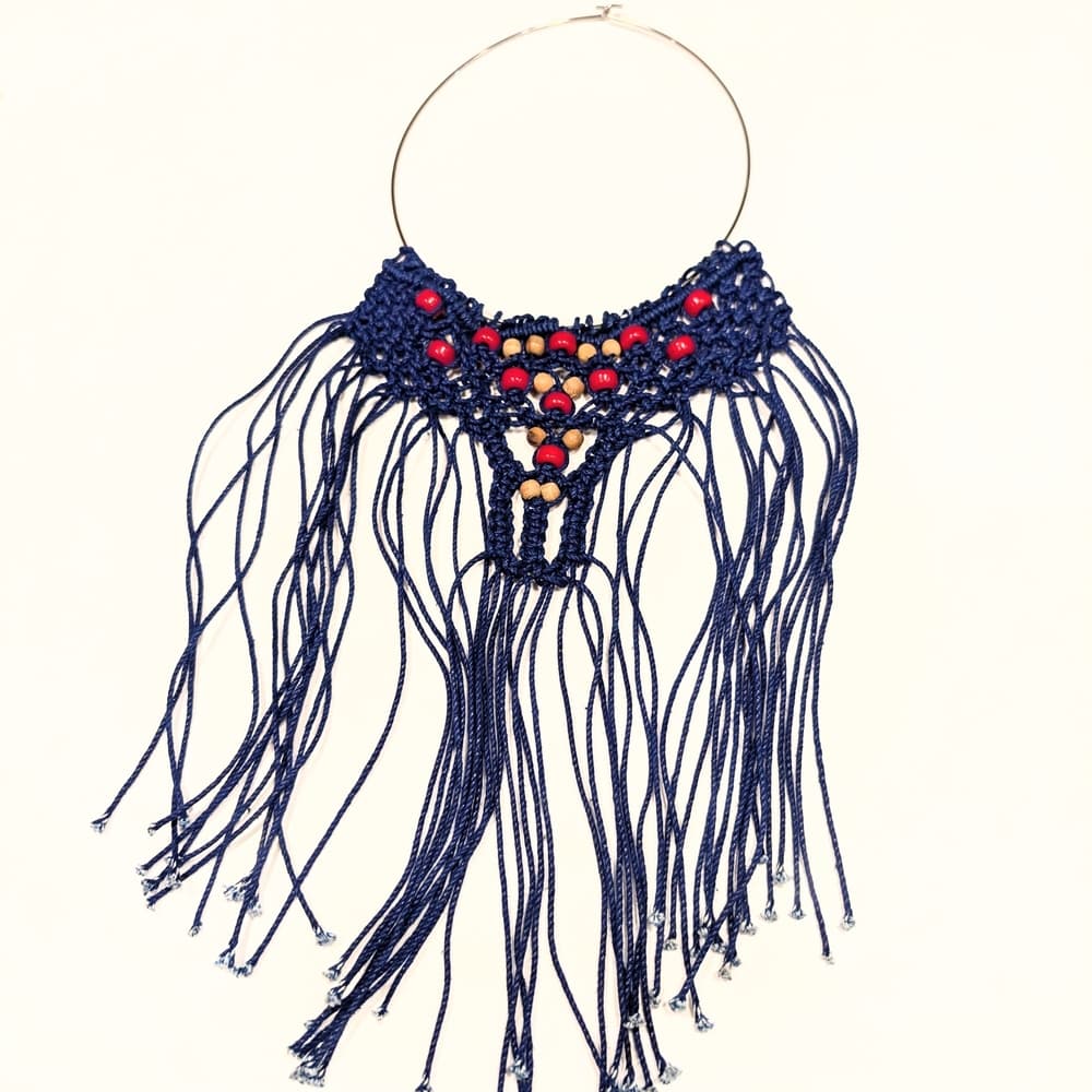 Vintage Boho Navy Crochet Handmade Fringe Tan Red Beaded Necklace Festival - Thumbnail 5