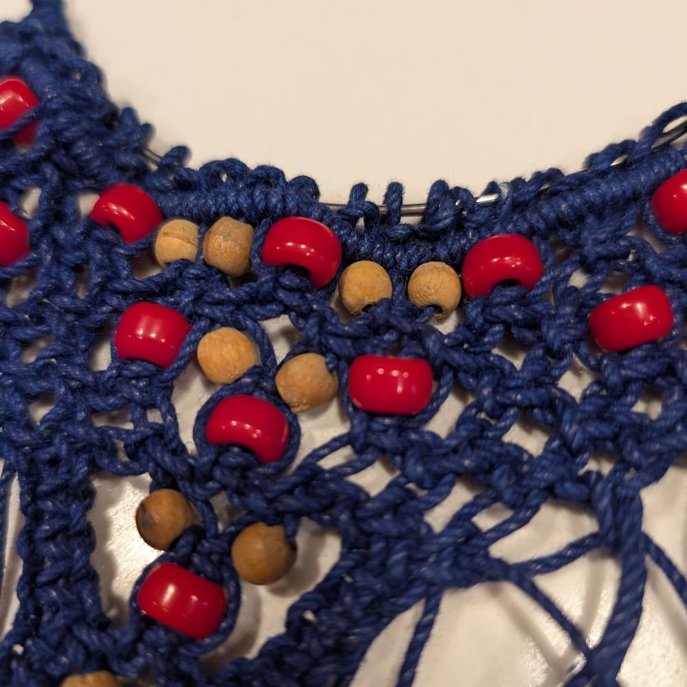 Vintage Boho Navy Crochet Handmade Fringe Tan Red Beaded Necklace Festival - Thumbnail 4