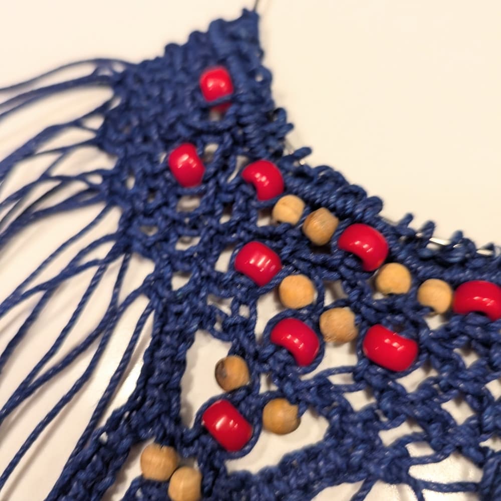 Vintage Boho Navy Crochet Handmade Fringe Tan Red Beaded Necklace Festival - Thumbnail 2