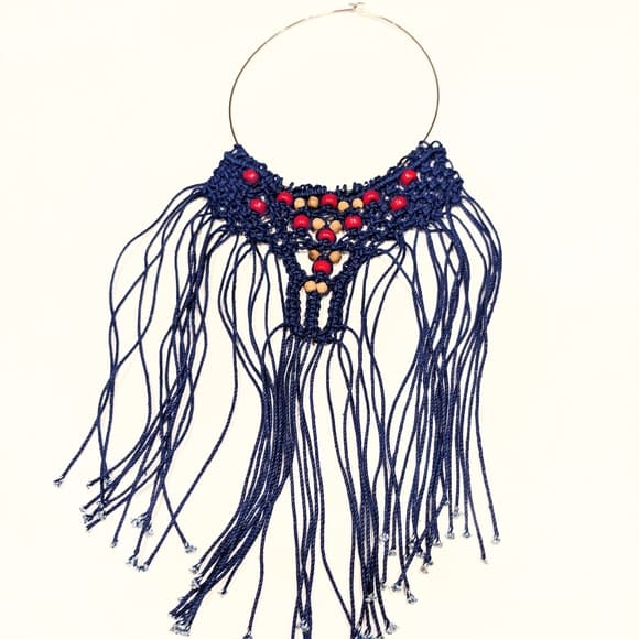 Vintage Boho Navy Crochet Handmade Fringe Tan Red Beaded Necklace Festival - Thumbnail 6