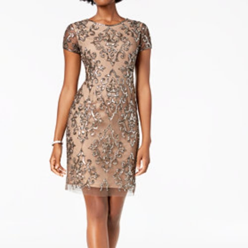 Adrianna Papell Taupe Mesh Midi Silver Sequin Embellishment Dress Size 4 - Thumbnail 11