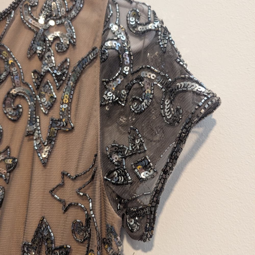 Adrianna Papell Taupe Mesh Midi Silver Sequin Embellishment Dress Size 4 - Thumbnail 6