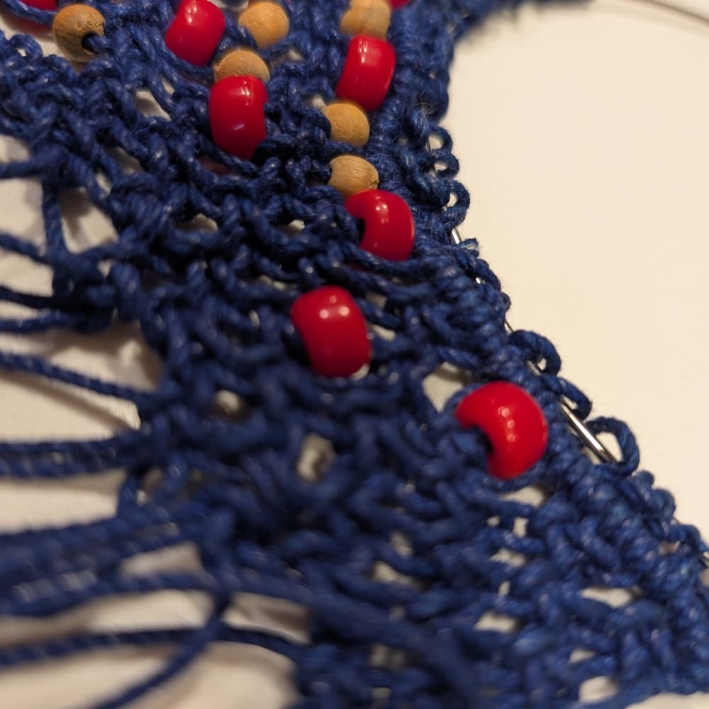 Vintage Boho Navy Crochet Handmade Fringe Tan Red Beaded Necklace Festival - Thumbnail 3