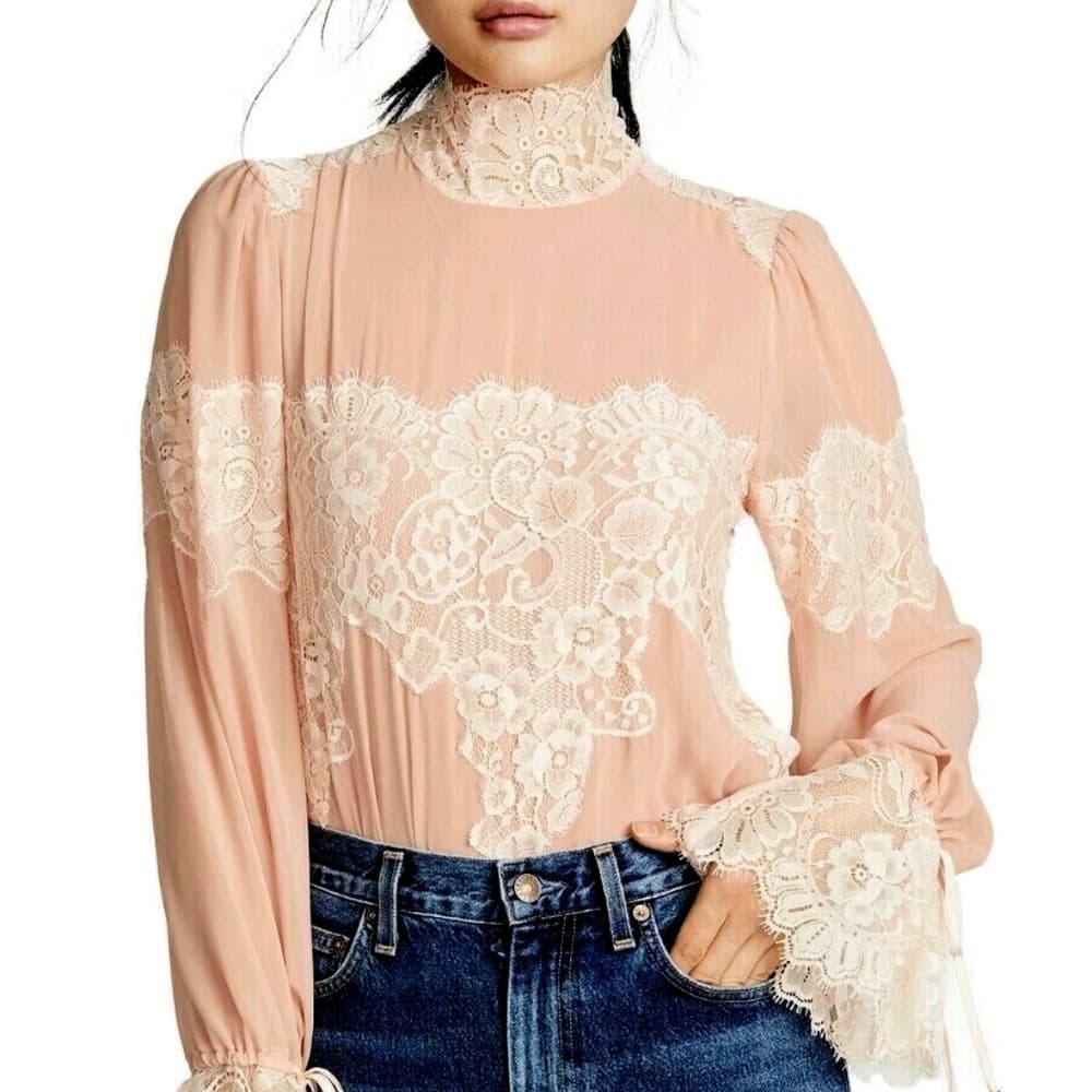 Peach Lace High-Neck Long-Sleeve Blouse - Thumbnail 9